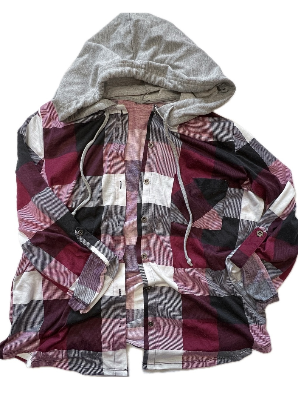Plaid Hooded Button-Up Shirt Jacket in Burgundy and Gray Y2K Fashion Cute Trendy